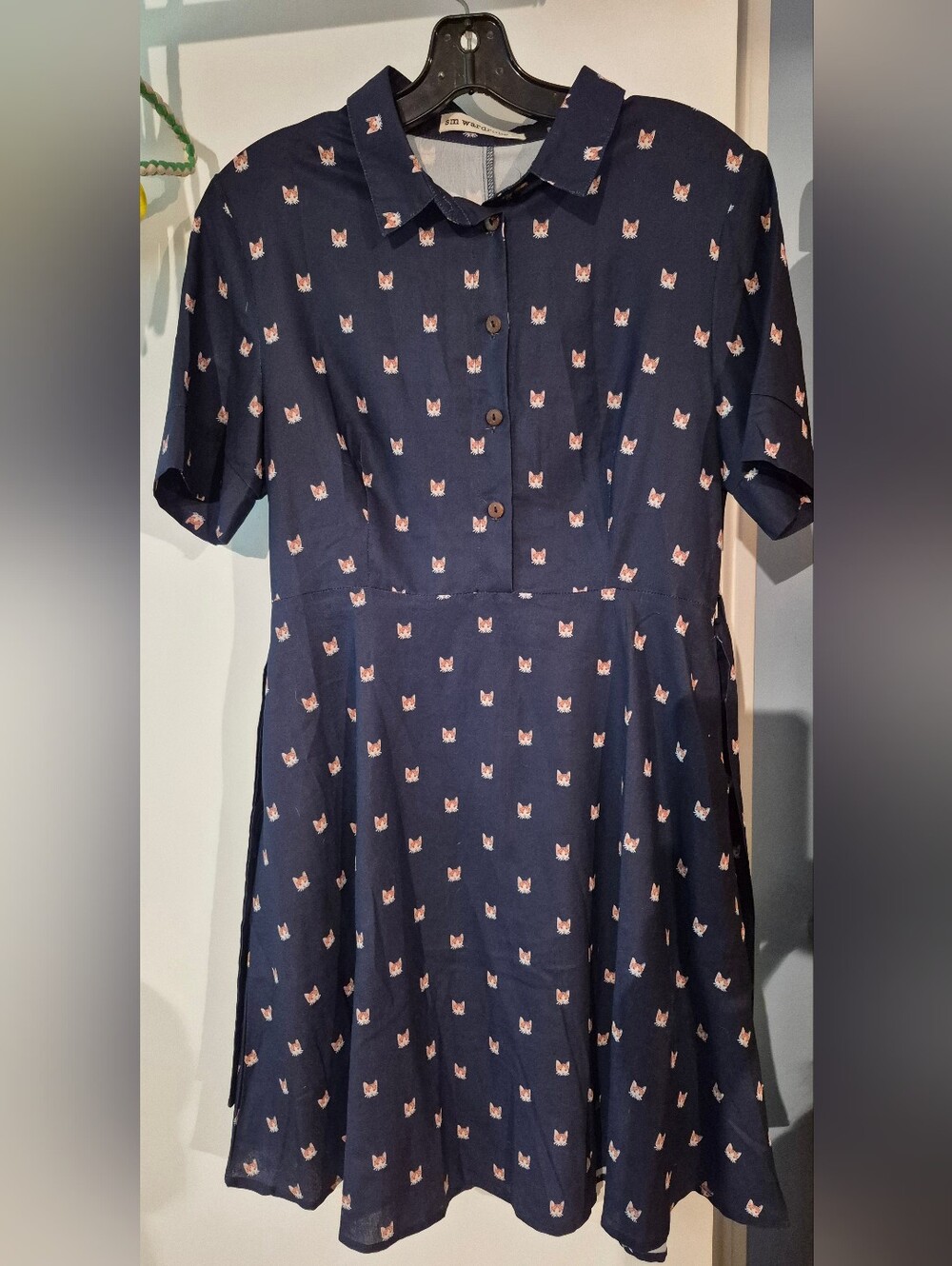SM Wardrobe Navy Blue Cat Print Short Sleeve Collared A-Line Dress Size Large